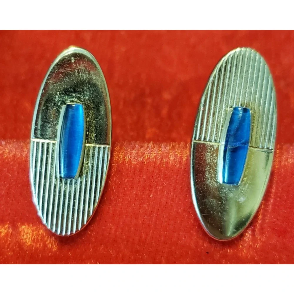 Anson Cuff Links Vintage Brushed Silver Tone Blue‎ Lucite 1970s Cufflinks cl-